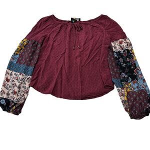 BCX Women Peasant Blouse Size S Burgundy Artsy Prairie 100% Rayon Bohemian Boho